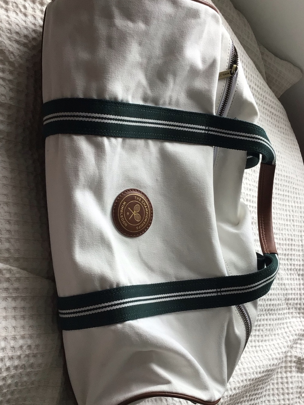 OFFICIAL Wimbledon White Duffel Bag with Green Striped Straps